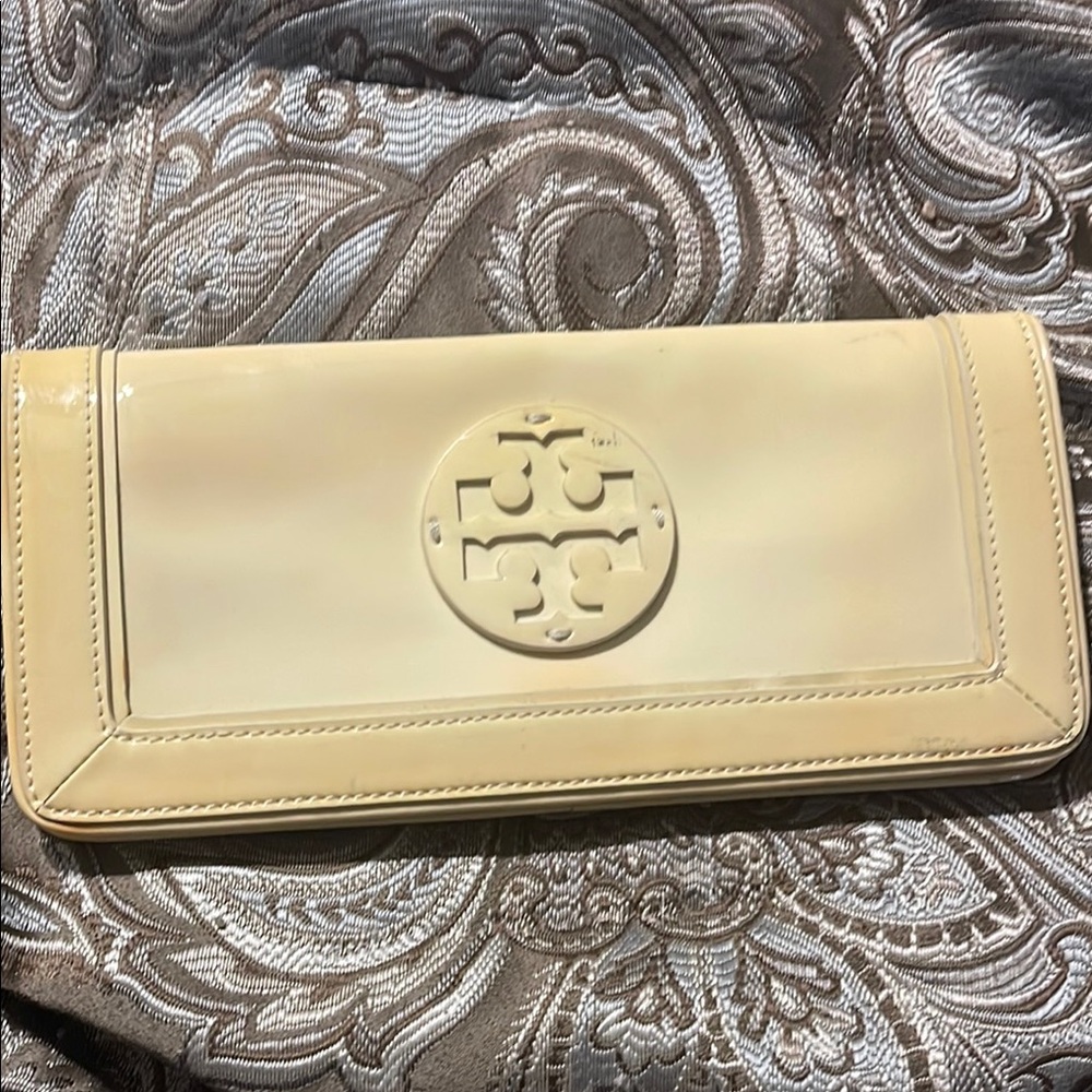 Tory Burch Cream Clutch with Vintage Embossed Design